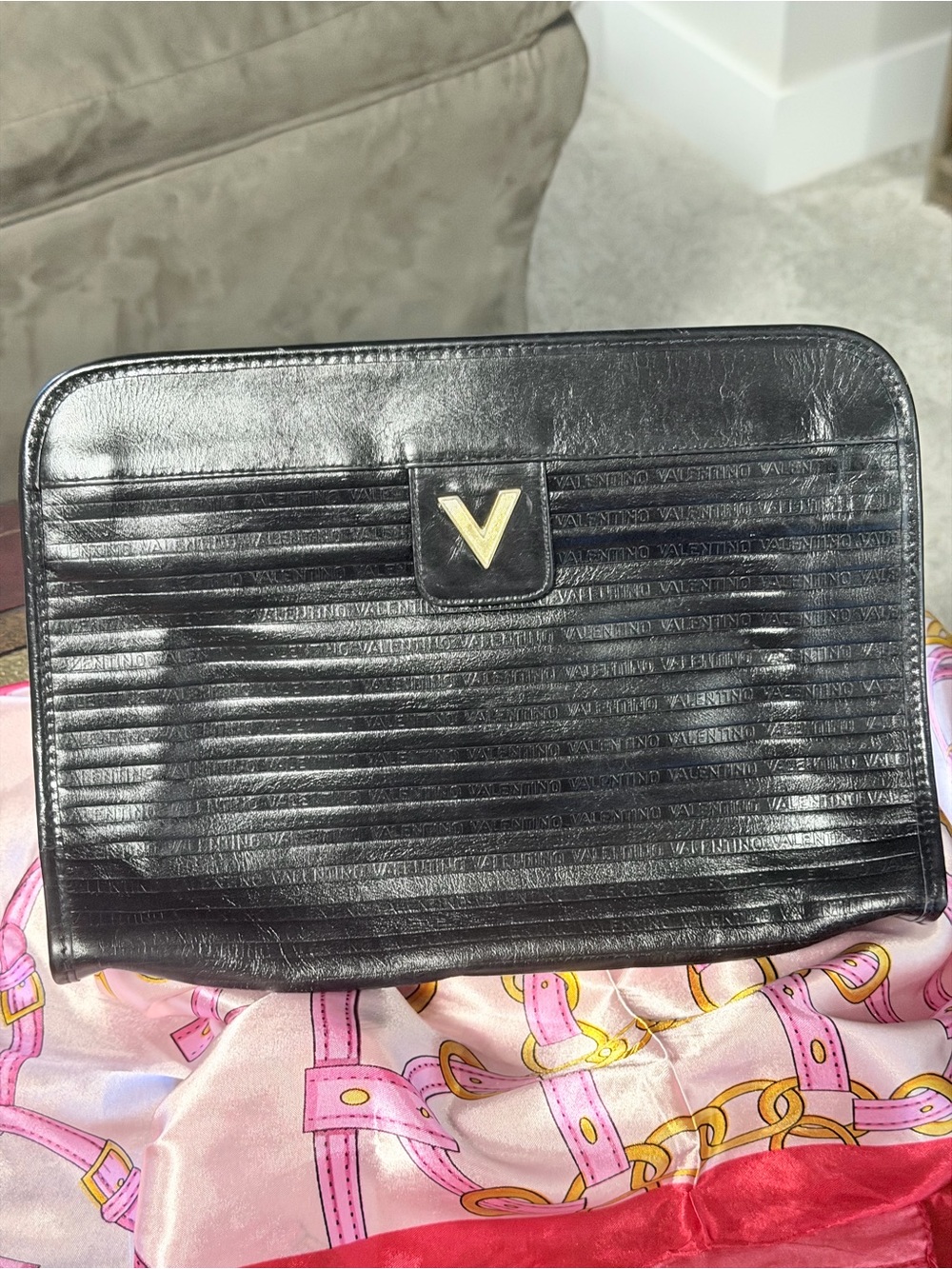 Mario Valentino Black Leather Clutch with Gold V Logo